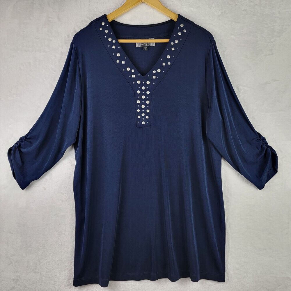 Slinky Brand Knit Top Size 1X Embellished V Neck Rusch 3/4 Sleeve Pullover Navy